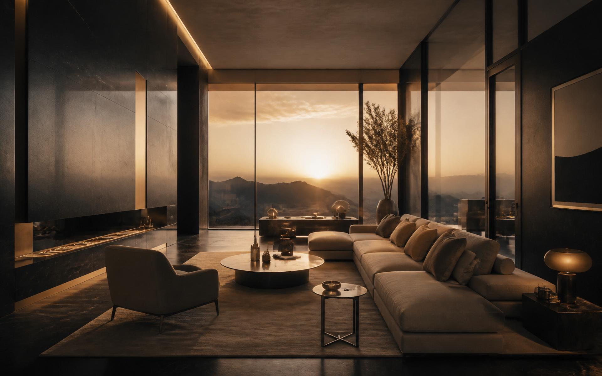 Luxury villa interior with architectural glass at sunset